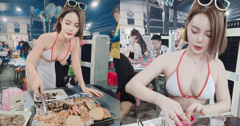 【WPT扑克】小琉球燒烤攤「爆乳板娘」桌邊服務！比基尼彎腰幫烤還親手餵蝦！