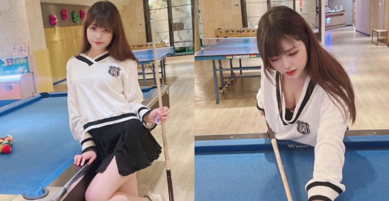 【WPT扑克】學生妹「願願yuan」翹課打撞球　彎腰從領口內可以看到豐滿奶球