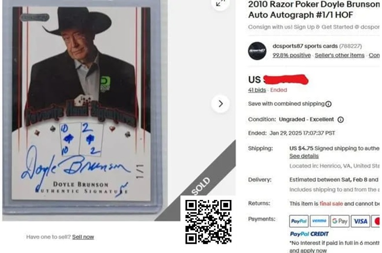 【WPT扑克】趣闻 | Doyle Brunson亲笔签名扑克交易卡以1603美元高价成交