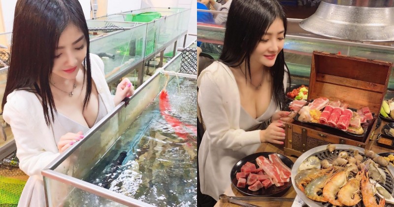 【WPT扑克】「低胸爆乳正妹」低頭挑海產，超豐滿「渾圓雙球」比海鮮還美味，讓人好想飽餐一頓！