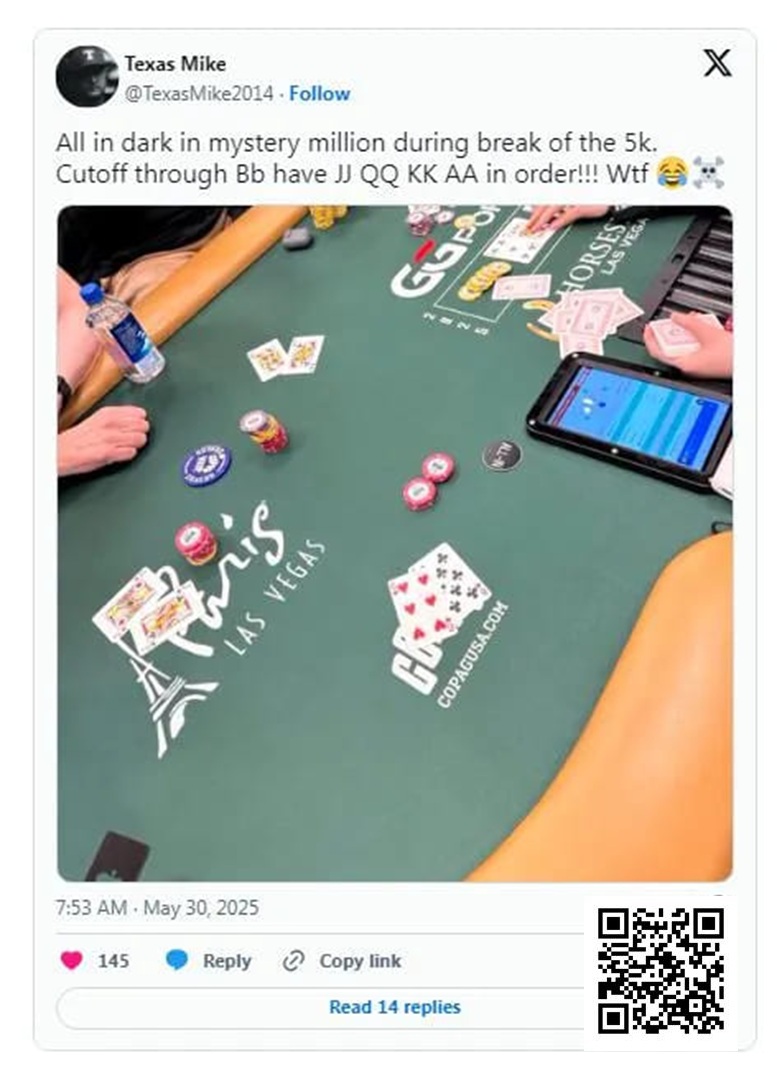 【WPT扑克】WSOP的神奇时刻：Michael Moncek在盲注位全下，没想到身后有JJ、QQ、KK和AA