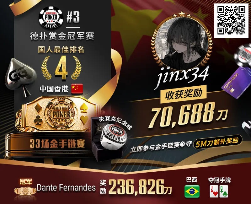 【WPT扑克】WSOP线上金手链｜茅人及斩获赏金赛冠军！中国香港选手“jinx34”夺#4第四名佳绩