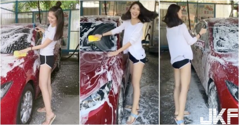 【WPT扑克】前方驚見「長腿洗車妹」！超短熱褲大秀「白嫩美腿」！好想陪她一起洗車！