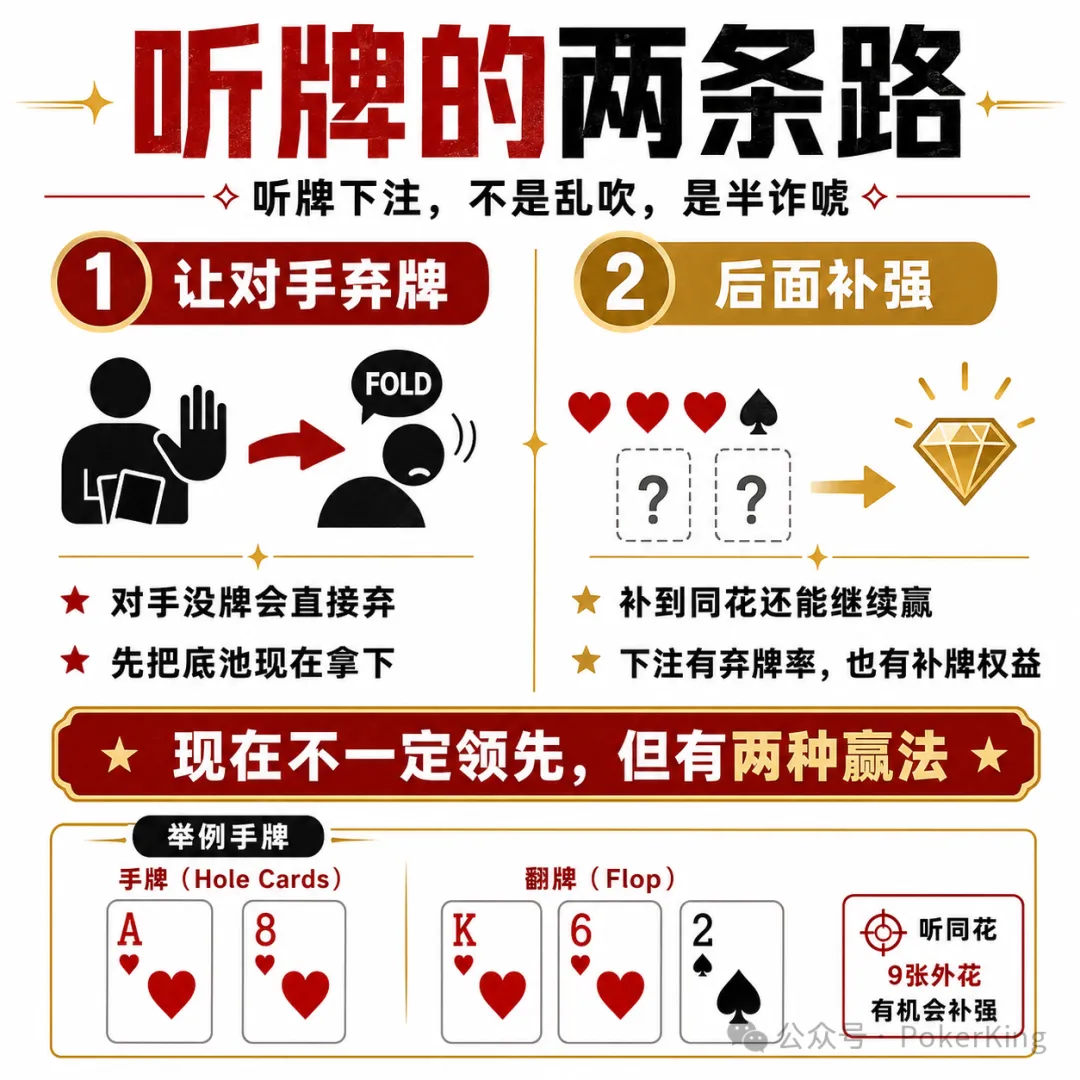 【WPT扑克】听牌到底该不该下注？记住这八个字：单挑就打，人多就缩